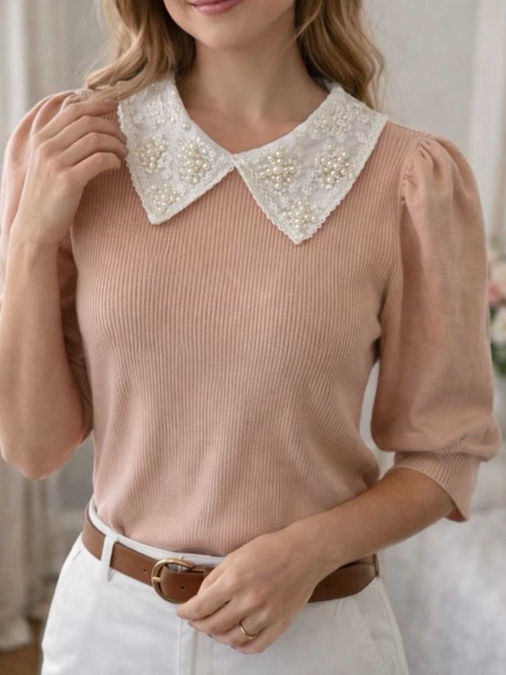 Pearl-Embellished Peter Pan Collar Knit Sweater Blush Puff Short Sleeve